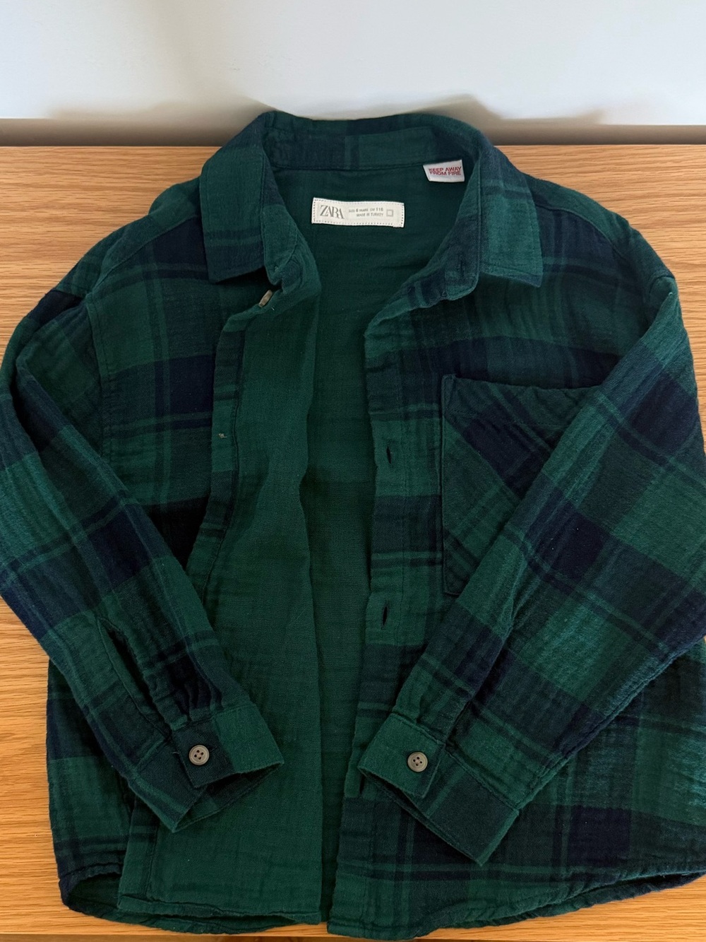 Zara Boys Plaid Shirt Soft Cotton Gauze - Size 6 Hunter Green & Navy